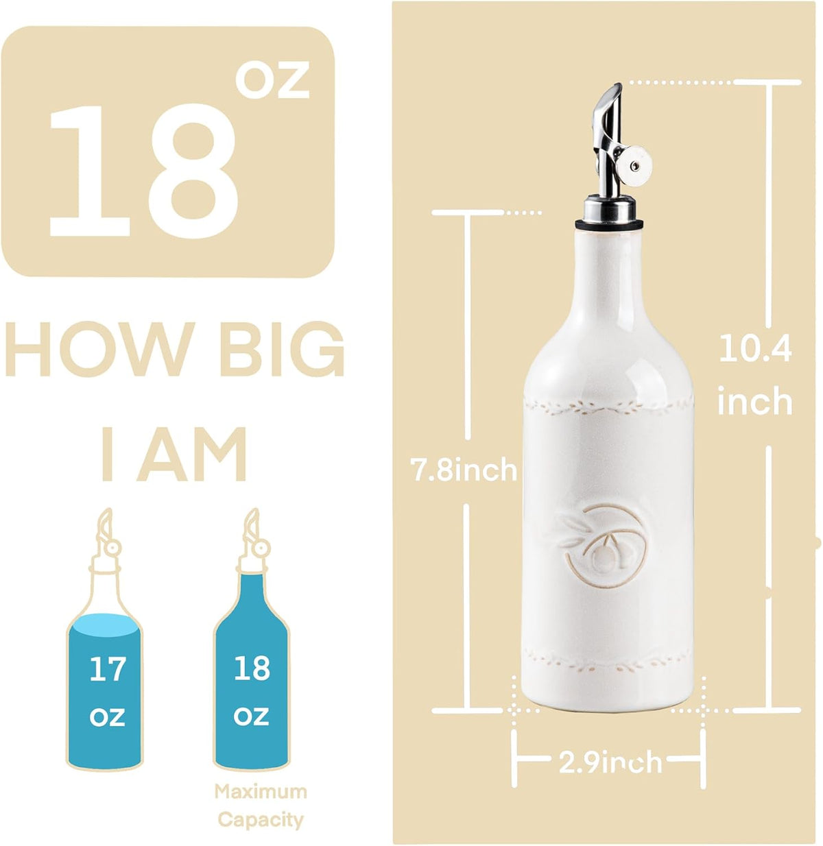 Olive Oil Dispenser Bottle, 18 oz Ceramic Oil Dispenser for Kitchen, Large Capacity Oli Bottle and Vinegar Cruet with Stainless Steel Spout, Cooking Oil Dispenser, Pack of 1, Off-White