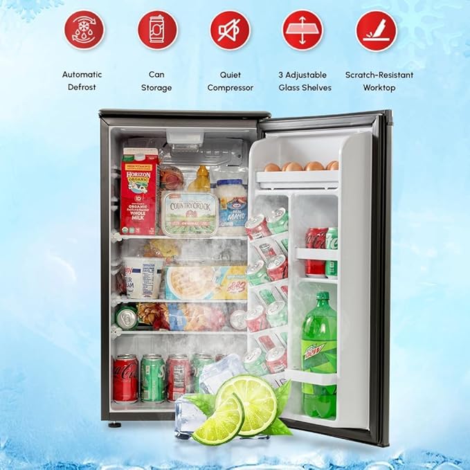 roomwell E-Star 3.3 Cu Ft Mini Fridge without Freezer - AUTO DEFROST, Reversible Single Door, Glass Shelf Refrigerator - A Space-Saving Marvel for Your Bedroom, Dorm, and Office