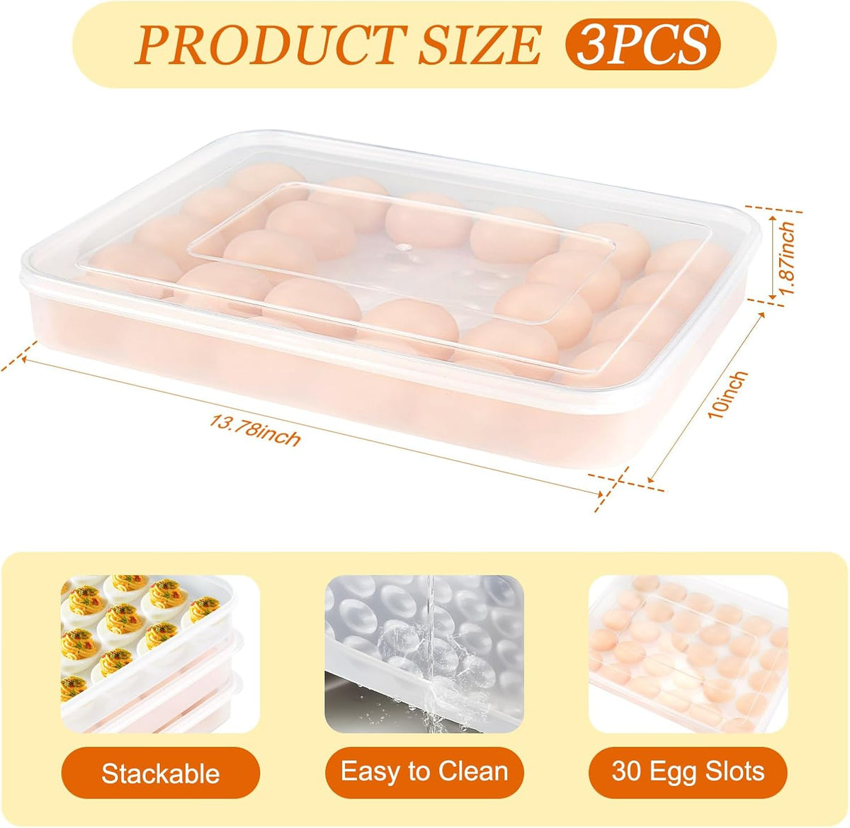 3 Pack 90-Count Deviled Egg Containers with Lid & 8 Pcs Deviled Egg Piping Tool, Transparent Deviled Egg Tray – Stackable Racks for Refrigerators, Suitable for Parties, Easter, Travel