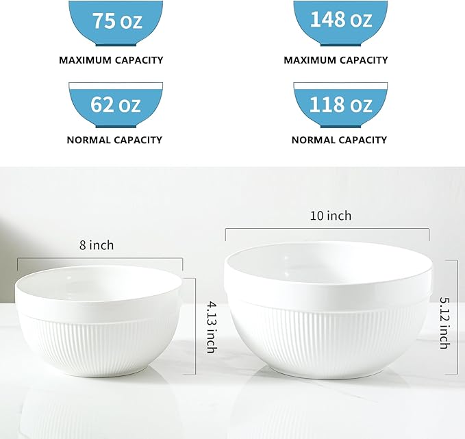 Ceramic Large Mixing Bowls for Kitchen, Set of 2 Big Serving Bowls for Cooking, Popcorn, Salad, Soup, Baking, Dough Bread Making Bowl, 10 inch + 8 inch, White