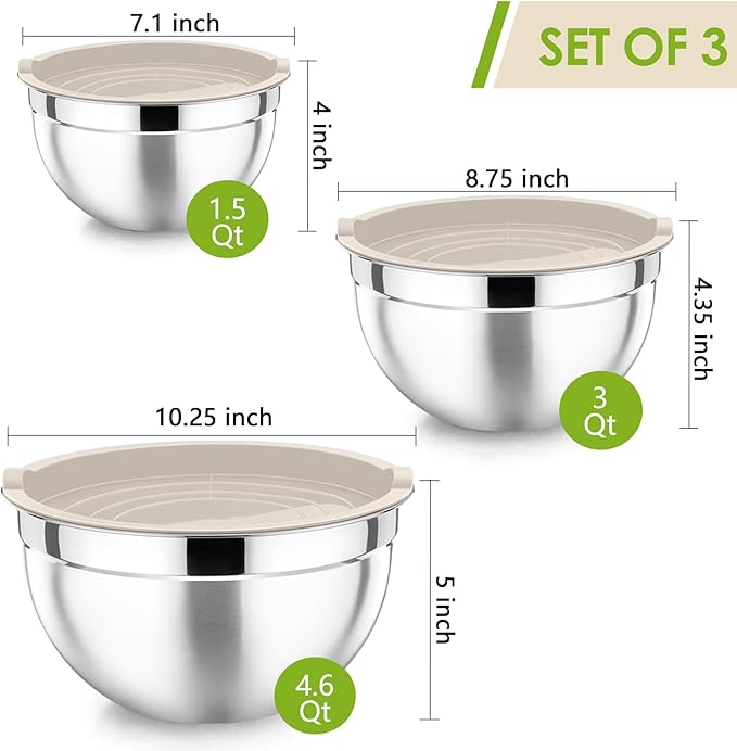 P&P CHEF Khaki Mixing Bowls with Lids, Set of 3, Stainless Steel Salad Nesting Bowl for Mixing, Storing, Prepping, Airtight & Stackable, Size 4.6/3 /1.5 QT
