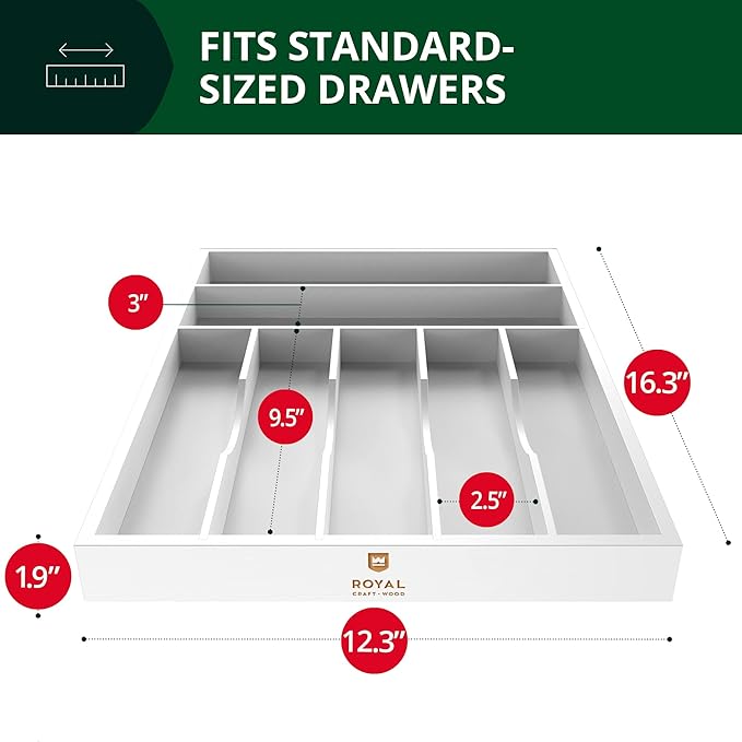 ROYAL CRAFT WOOD Luxury Bamboo Kitchen Drawer Organizer - Silverware Organizer - Utensil Holder and Cutlery Tray with Grooved Drawer Dividers for Flatware and Kitchen Utensils (7 Slot, White)