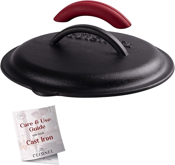 Cuisinel Cast Iron Lid - Fits 8"-Inch / 20.32cm Lodge Skillet, Frying Pans or Braiser + Silicone Handle Holder + Care Guide - Pre-Seasoned Replacement Cover - Indoor/Outdoor, Oven, Open Fire, BBQ Safe