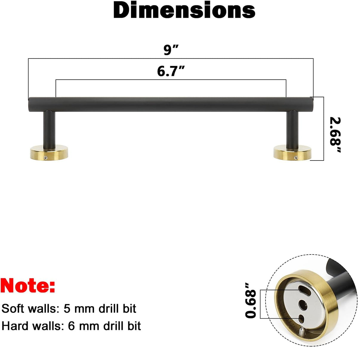 NearMoon Bath Towel Bar, Bath Accessories Thicken Stainless Steel Shower Towel Rack for Bathroom, Towel Holder Wall Mounted (1 Pack, Matte Black & Gold, 9 Inch)