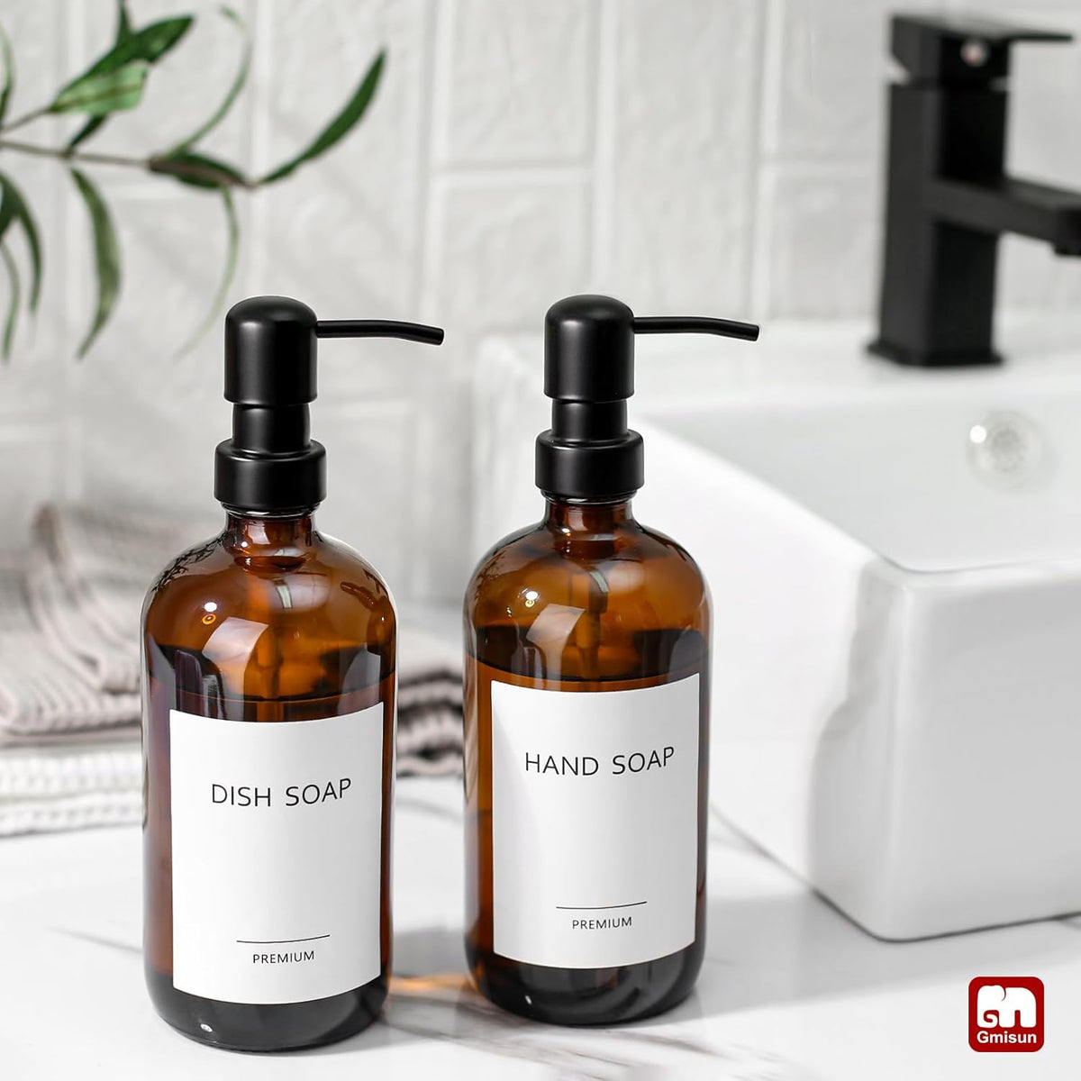 GMISUN Amber Glass Soap Dispenser, 4 Pack Bathroom Hand Soap Dispensers with Stainless Steel Pump, 17 Fl Oz Kitchen Hand and Dish Soap Dispenser Set, Modern Vintage Liquid Brown Soap Dispensers Bottle
