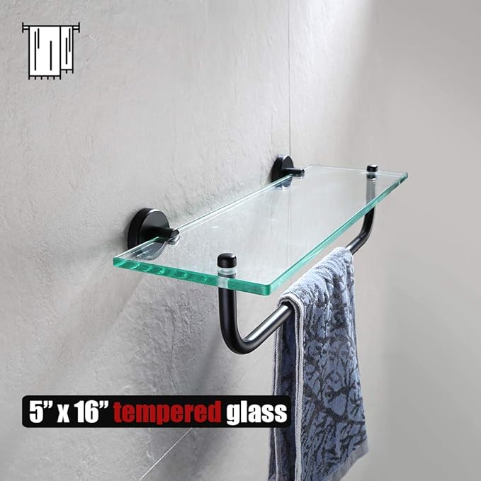 JQK Bathroom Glass Shelf, Shelf with 15 Inch Towel Bar Tempered Glass Shower Storage 16 by 5 inches, 304 Stainless Steel Matte Black Wall Mount, TGS100-PB