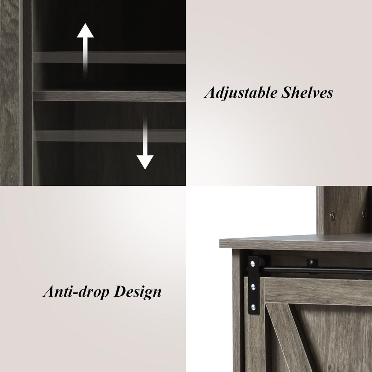 4ever2buy Farmhouse Coffee Bar Cabinet with 6 Hooks, 50'' Kitchen Buffet Hutch Cabinet with Sliding Barn Door, Small Coffee Bar Table with Hutch for Dining Living Room, Wash Gray