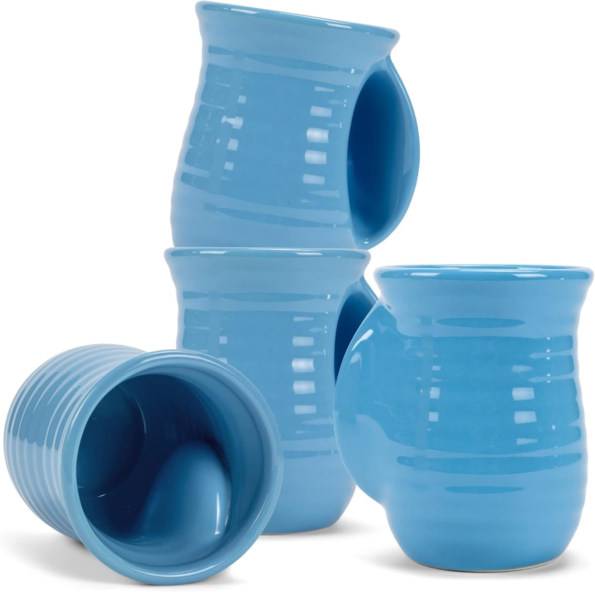 Elanze Designs Ribbed 14 ounce Ceramic Stoneware Handwarmer Mugs Set of 4, Ice Blue