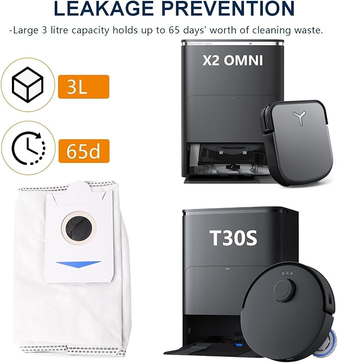 14Pcs Dust Bags Replacement for Ecovacs T30S(Not Combo) X2/X2 Pro/X2 Omni/X5 Omni Robot Vacuum Cleaner, 3L Large Capacity Disposable Replacement Bags