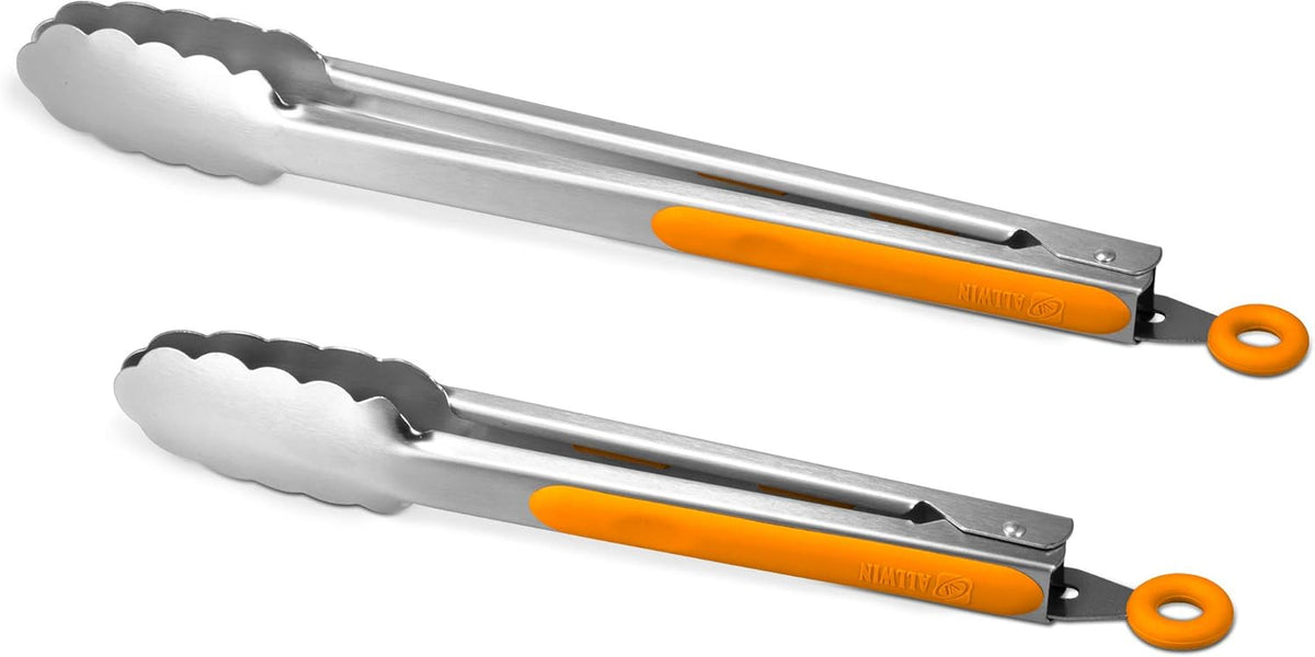 304 Stainless Steel Kitchen Cooking Tongs, 9" and 12" Set of 2 Sturdy Grilling Barbeque Brushed Locking Food Tongs with Ergonomic Grip, Orange