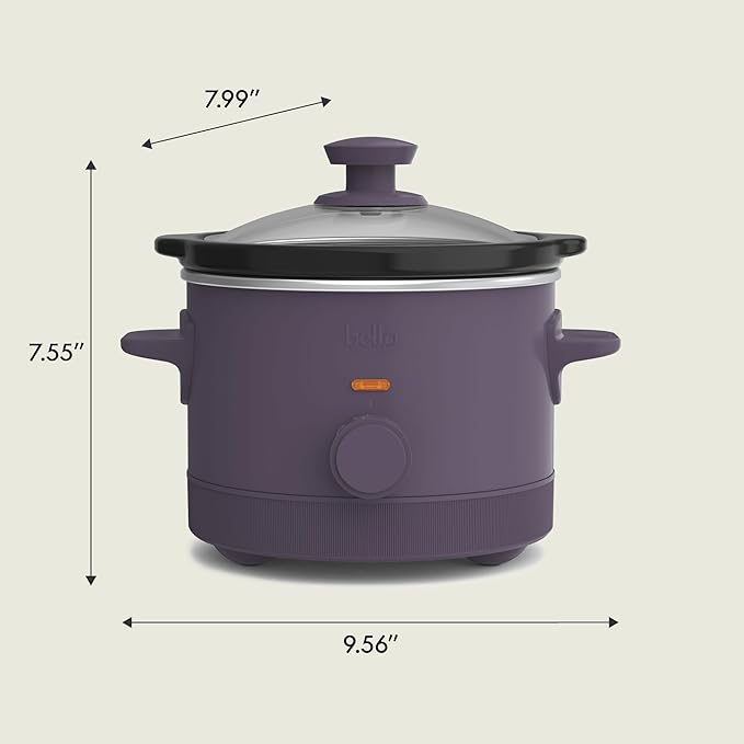 bella 1.5 Qt Slow Cooker with 3 Heat Manual Control, Ceramic Nonstick Coating, Dishwasher Safe Stoneware Pot and Tempered Glass Lid, Tangle Free Cord Wrap & Cool Touch Handles, Plum