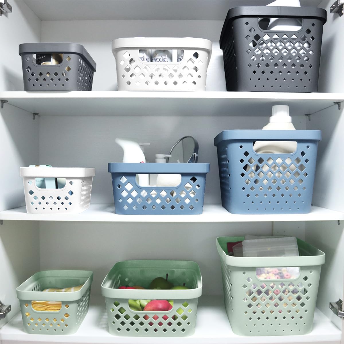 Glad Plastic Storage Basket Set, Value Pack of 6 | Open Storage Bins for Shelves, Bathroom, Pantry, Closet | Nesting Organizer Boxes with Handles, 4 Gallon, Sage