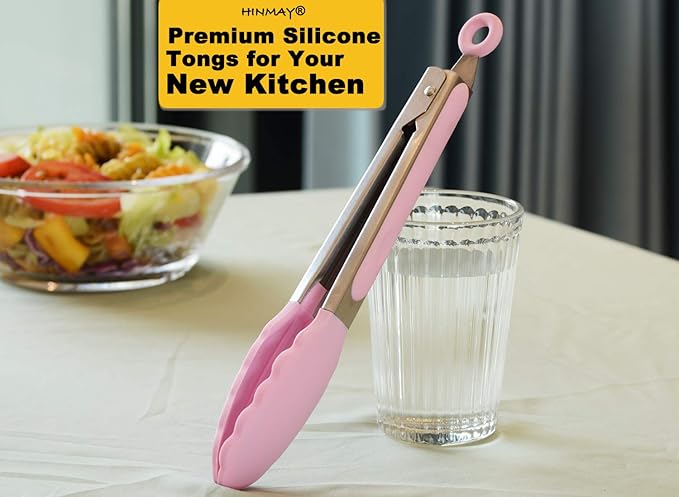Serving Tongs with Silicone Tips 9 Inches Stainless Steel Food Tongs, Set of 3 (Pink)