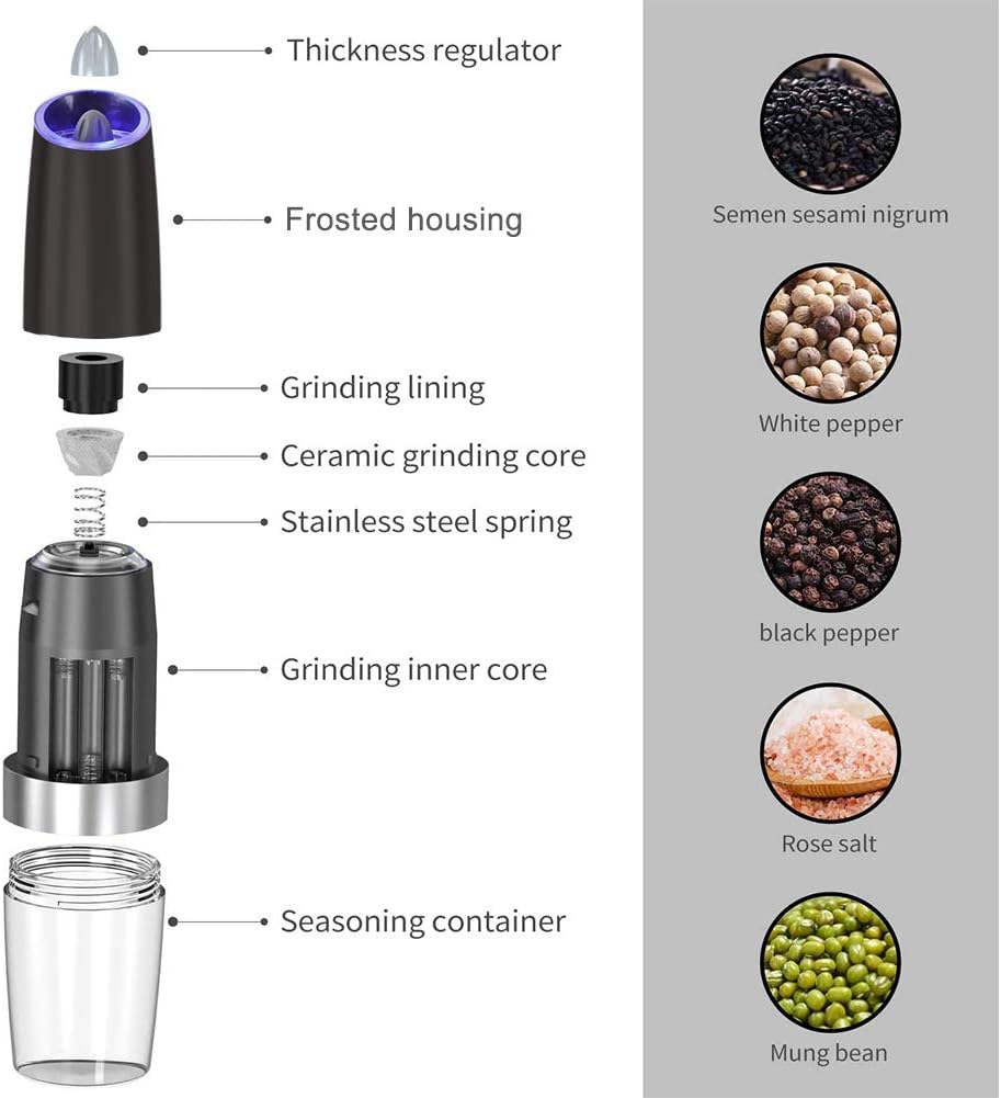 Electric Gravity Salt and Pepper Grinder set of 2, Automatic Salt and Pepper Mill Grinder, Adjustable Roughness, Battery Powered, Blue LED Light, Stainless Steel with One Hand Operation (Black)