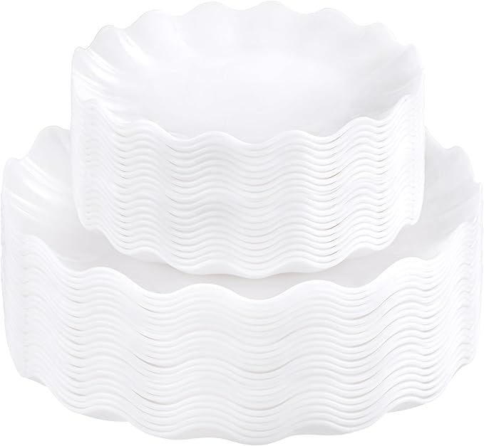 LIYH 50 Pcs White Scalloped Plastic Plates Reusable - Unbreakable Plastic Plates for Weddings Party Outdoor Picnics Dishwasher Safe BPA Free (25Guests)