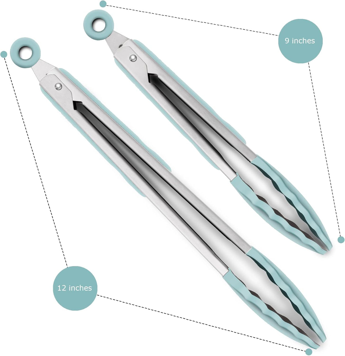 9-Inch & 12-Inch Cooking Tongs, Premium Silicone Set of 2 BPA Free Non-Stick Stainless Steel BBQ Grilling Locking Food Tong, Aqua Sky
