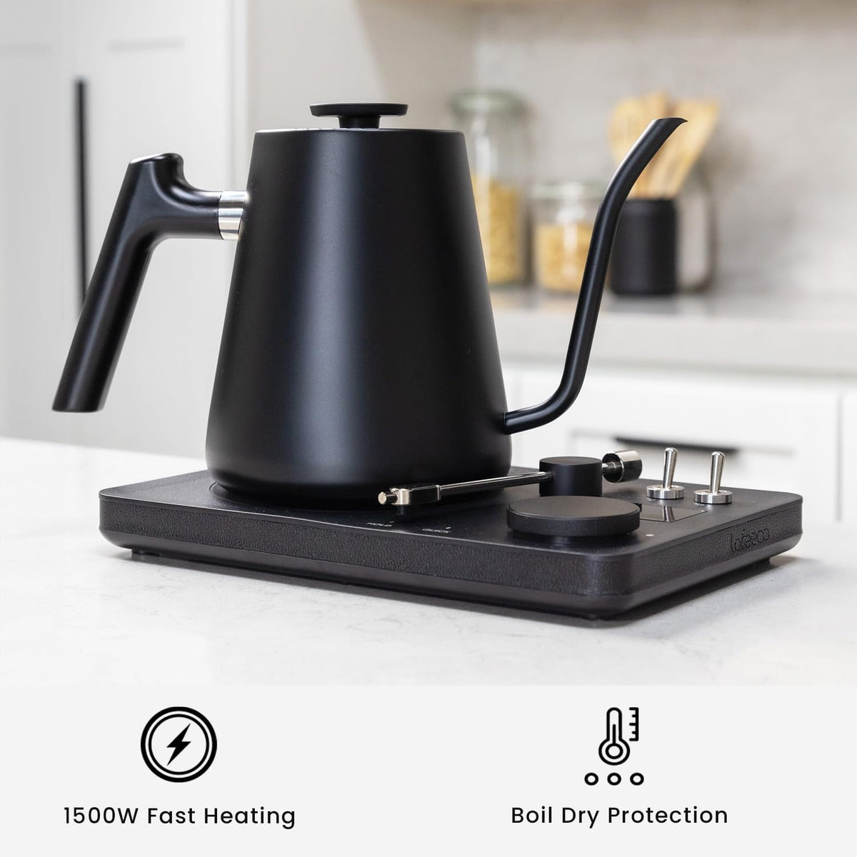 DJ Electric Gooseneck Kettle - Pour Over Coffee & Tea - Turntable Design - Water Boiler - Quick Heating & Temperature Control - Black