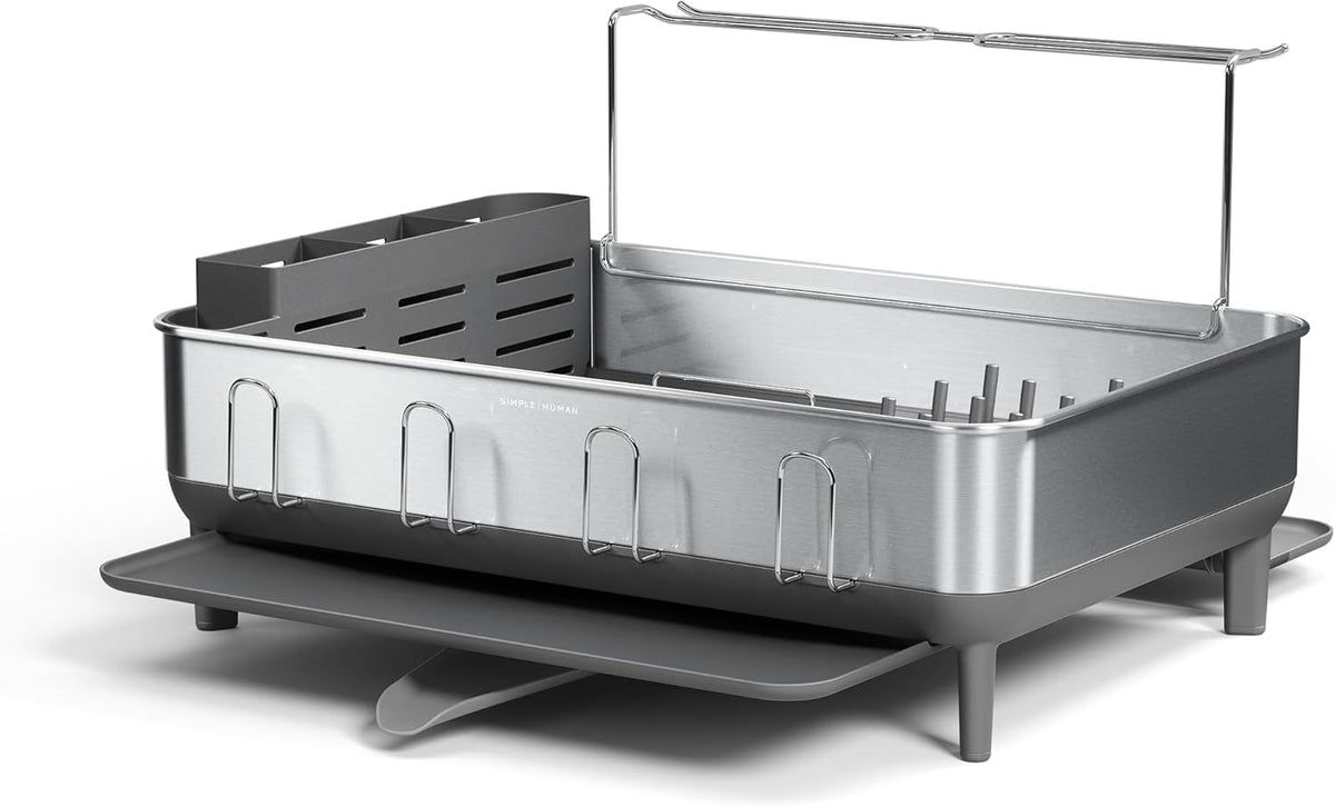 simplehuman Large Capacity Dish Drying Rack with Stainless Steel Frame, 360º Easy Drain Swivel Spout, Utensil & Wine Glass Holder, Anti-Residue Coating, Moisture Control Surface, Grey