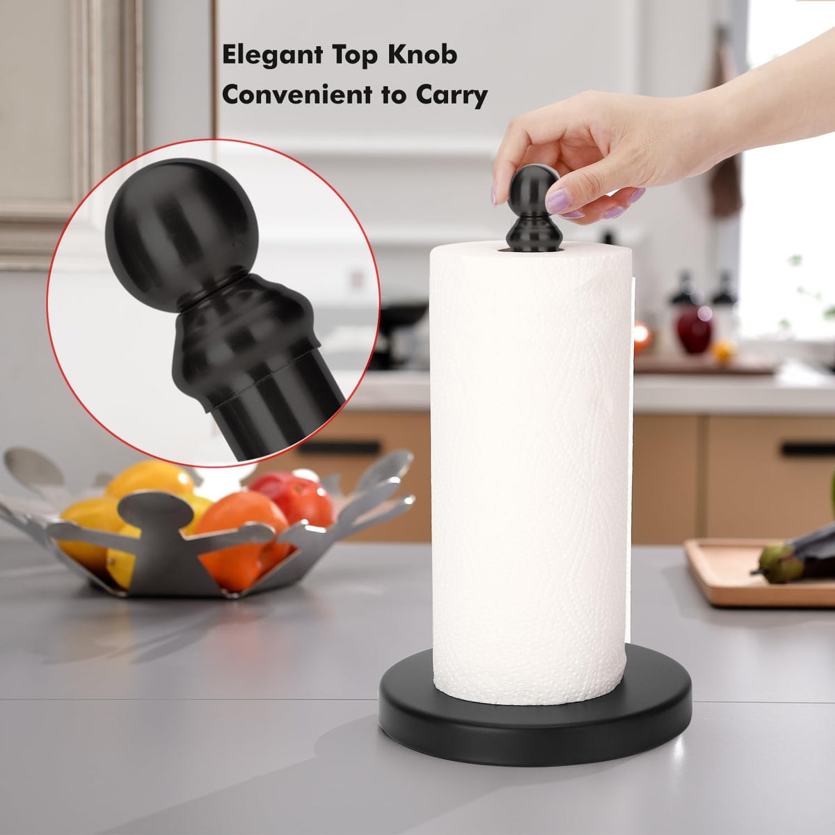 Paper Towel Holder Countertop, Standing Paper Towel Roll Holder for Kitchen Bathroom, with Weighted Base for One-Handed Operation (Black)
