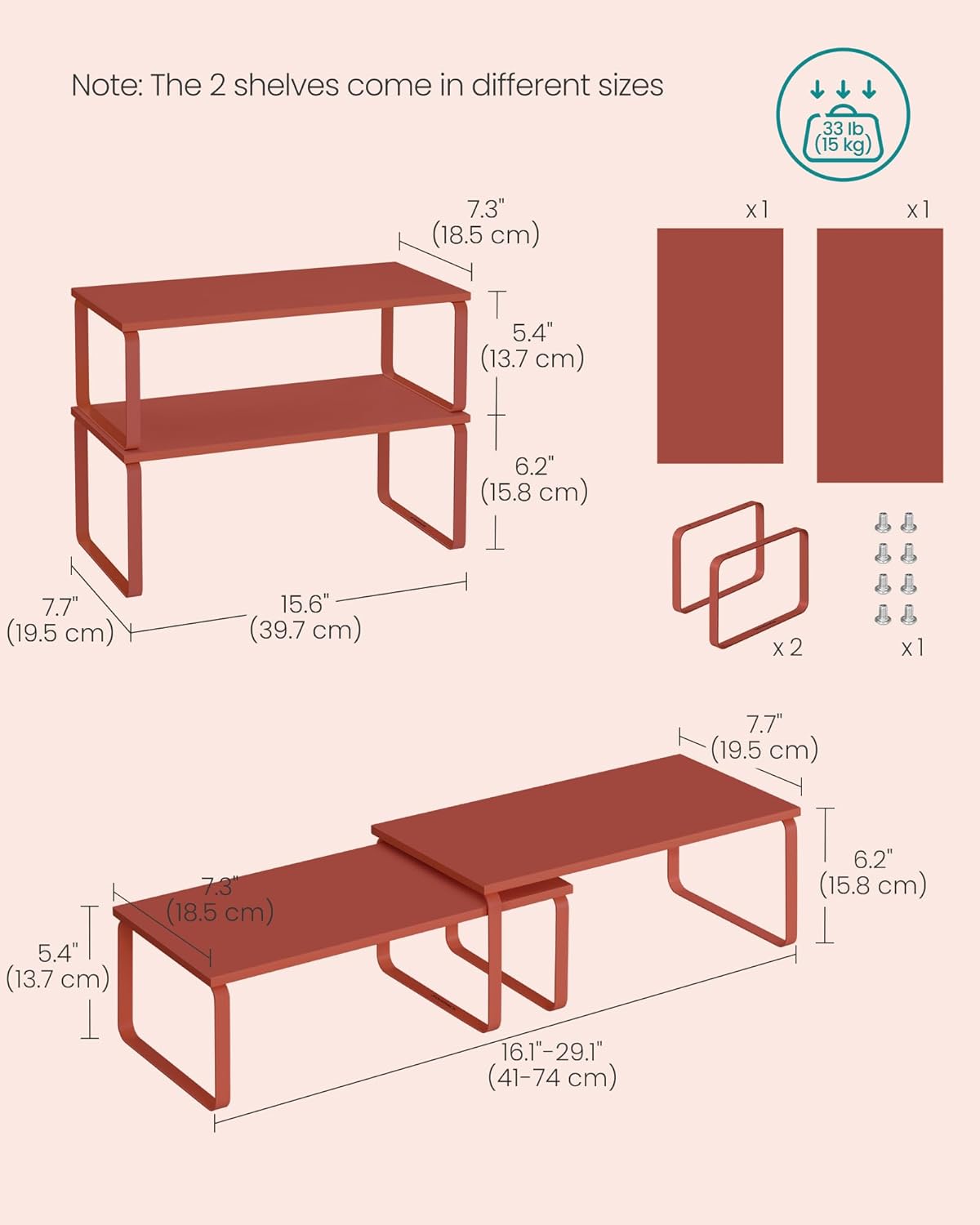 SONGMICS Cabinet Organizer Shelf, Set of 2 Kitchen Counter Shelves, Kitchen Storage, Spice Rack, Stackable, Expandable, Metal and Engineered Wood, Mandarin Red UKCS200Y02