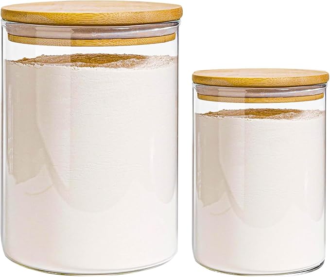 2pcs Glass Storage Canister with Airtight Lid Kitchen Clear Flour Sugar Storage Jar Large Glass Containers with Bamboo Lids Suitable for Coffee Beans Biscuits Pasta and Cereals