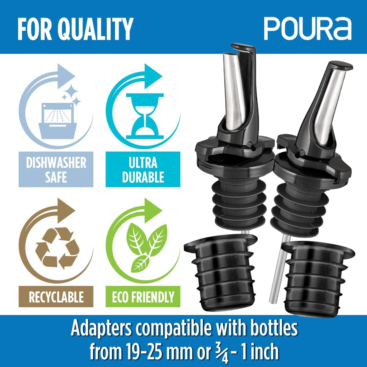 3-in-1 Liquor Pour Spout | Olive Oil Spout with Built-in Caps for Optimal Fly and Dust Protection - Dishwasher Safe, Hygienic Alcohol Speed Spouts - Black 2 PCs with 2 Adapters for Large Neck Bottles