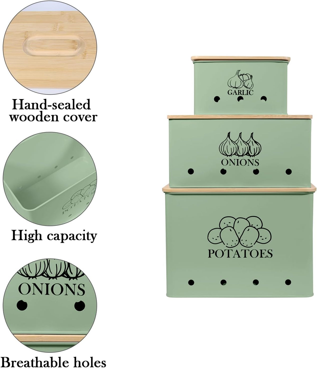 Canister Sets for Kitchen Counter, Kitchen Canisters Set of 3 for Potato Onion Garlic, Kitchen Storage Bin Jars Pots with Aerating Tin Storage Holes & Wooden Lid (Green)