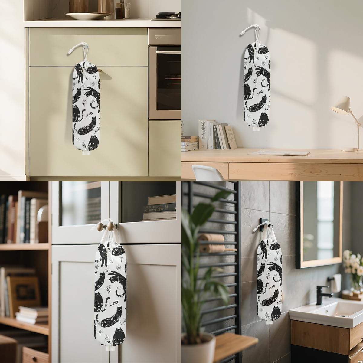 Black White Floral Cat Plastic Bag Holder, Wall Mount Grocery Bag Holder for Plastic Bags, Vibrant Cats Reusable Grocery Bags Storage Dispenser for Home Kitchen Decor, Cat Lover Gifts for Women