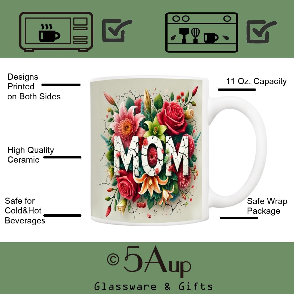 5Aup Mother's Day Mom Coffee Mug Gifts, Heartwarming 11 Ounce White Ceramic Cup, Love & Mom Themed with Floral Accents