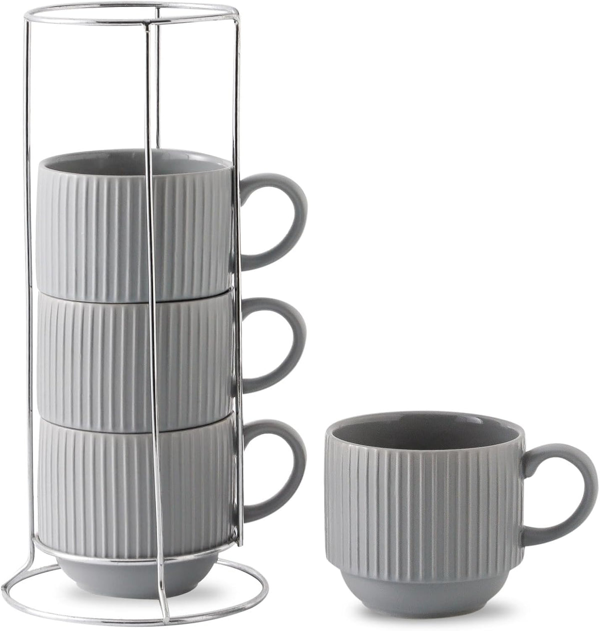 Hasense Coffee Mugs Set, Stacking Tea Cups Set of 4 with Holder - 15 oz Large Ceramic Ribbed Latte Cup Set for Cappuccino, Tea, Hot Cocoa, Drinks - Dishwasher & Microwave Safe, Grey