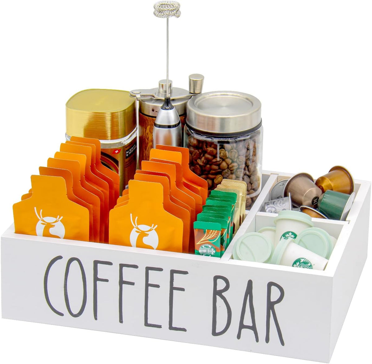 Coffee Station Organizer with Removable Dividers Disposable Cup Holder Wooden Countertop Organizer for Tea Condiment Accessories Storage Farmhouse Bar Decor Black (White)