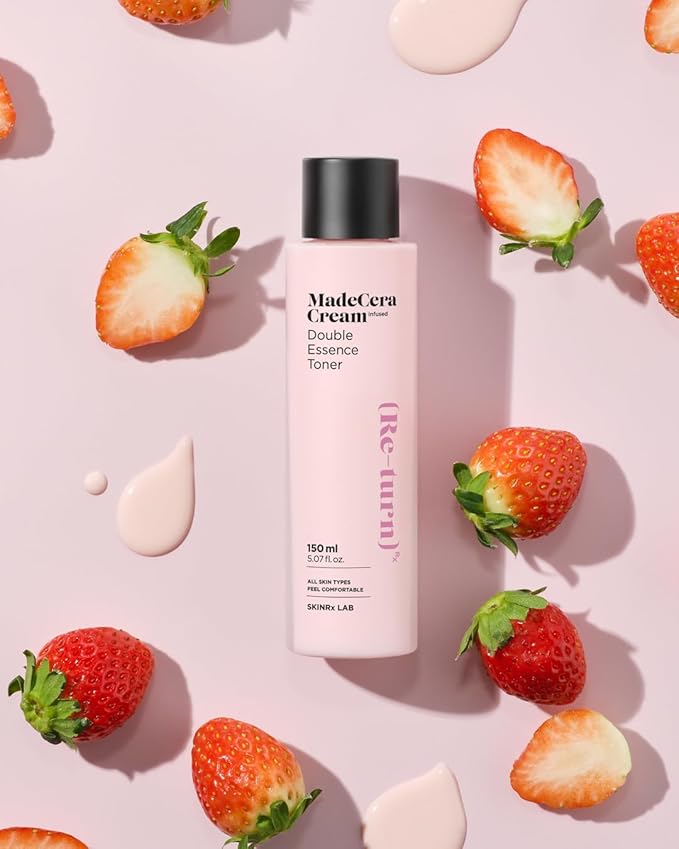 SKINRxLAB MadeCera Cream Double Essence Korean Toner 150ml (5.07fl.oz.) - Hydrating and Soothing with Milk Protein, Ceramide, Beta-Glucan - Moisturizing Strawberry Milky Toner for Irritated Skin