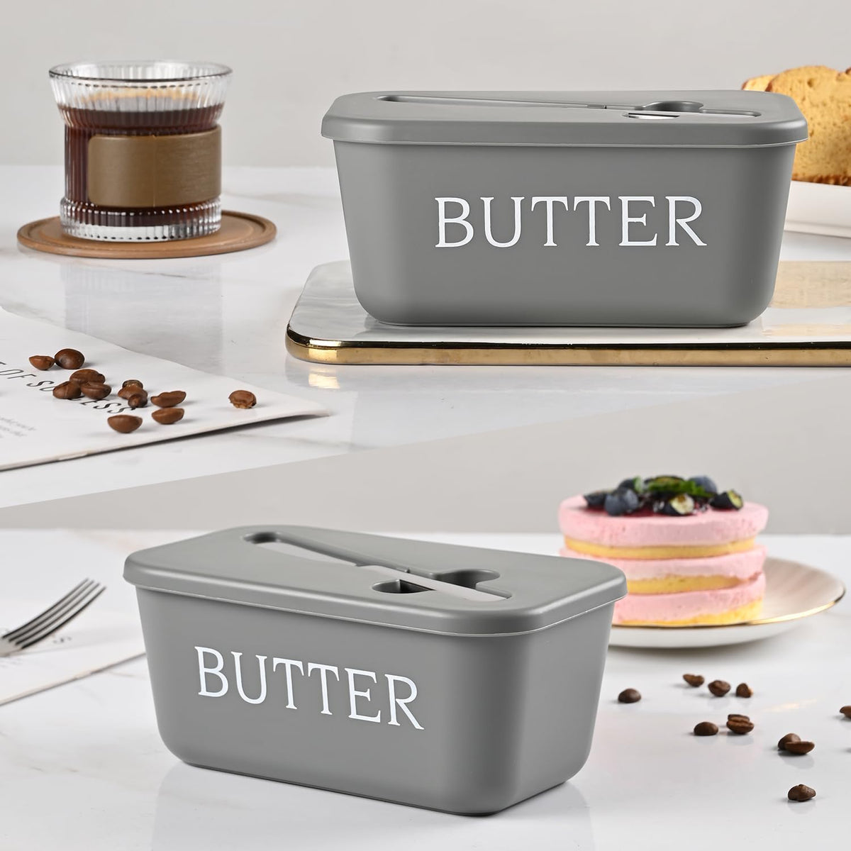 Plastic Large Butter Dish With Lid,Food Grade PP Butter Keeper With Cover,Grey Butter Container For Kitchen Refrigerator Countertop
