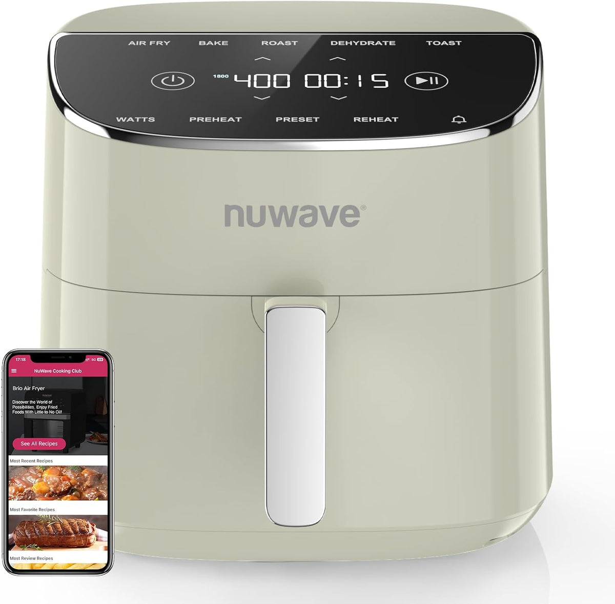 Nuwave Brio Plus Air Fryer 8 Qt, New & Improved, PFAS-FREE, 7 Digital One-Touch Cook Functions that AIR FRY, BAKE, ROAST, DEHYDRATE, TOAST, REHEAT, PREHEAT, 150 Presets, 50°F~400°F (Cream)