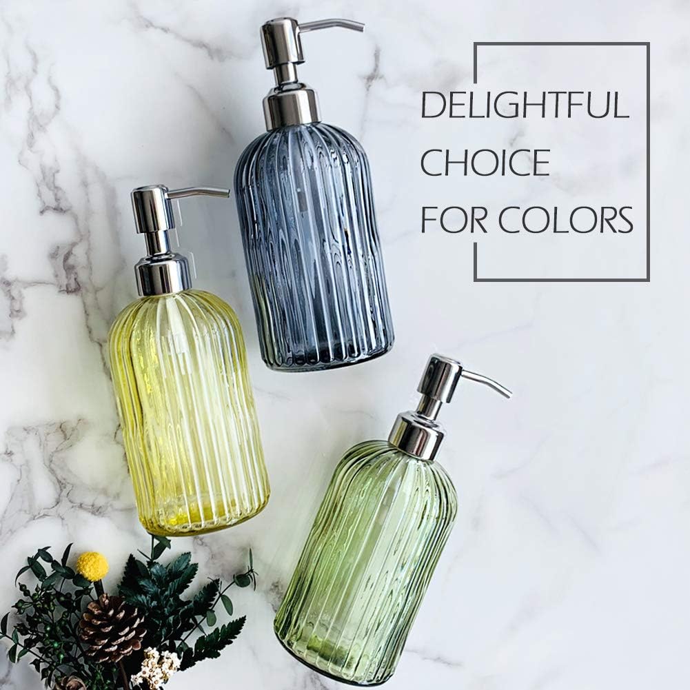 JASAI 18 Oz Vertical Stripes Kitchen Soap Dispenser with 304 Rust Proof Stainless Steel Pump, Refillable Liquid Soap Dispenser for Bathroom, Kitchen, Hand Soap, Dish Soap (Clear Grey)