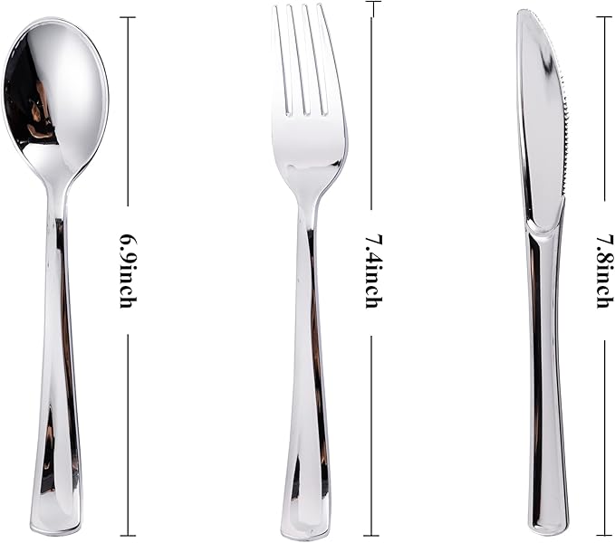 N9R 120PCS Silver Plastic Silverware, Silver Plastic Cutlery Set Disposable Flatware Dinnerware -60 Forks, 30 Spoons, 30 Knives for Wedding, Party, Birthday and Daily Use