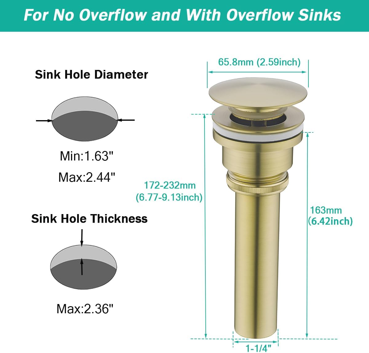 Dual Use Pop Up Drain Stopper,Bathroom Vanity Vessel Sink Stopper,Brushed Gold, for Basin With or Without Overflow hole,SE83999BG