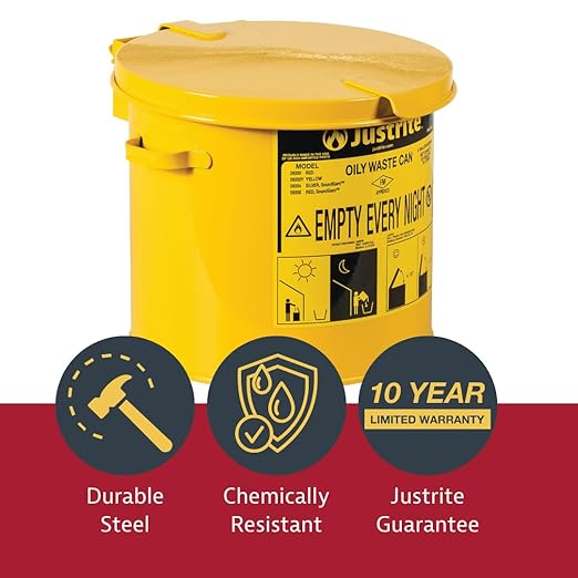 Justrite 2 Gallon Galvanized Steel Countertop Oily Waste Can, 9" x 9.6" Metal Oil Rag Safety Can with Hand Operated Self-Closing Lid for Oil Rag Disposal, Made in The USA, Yellow, 09200Y