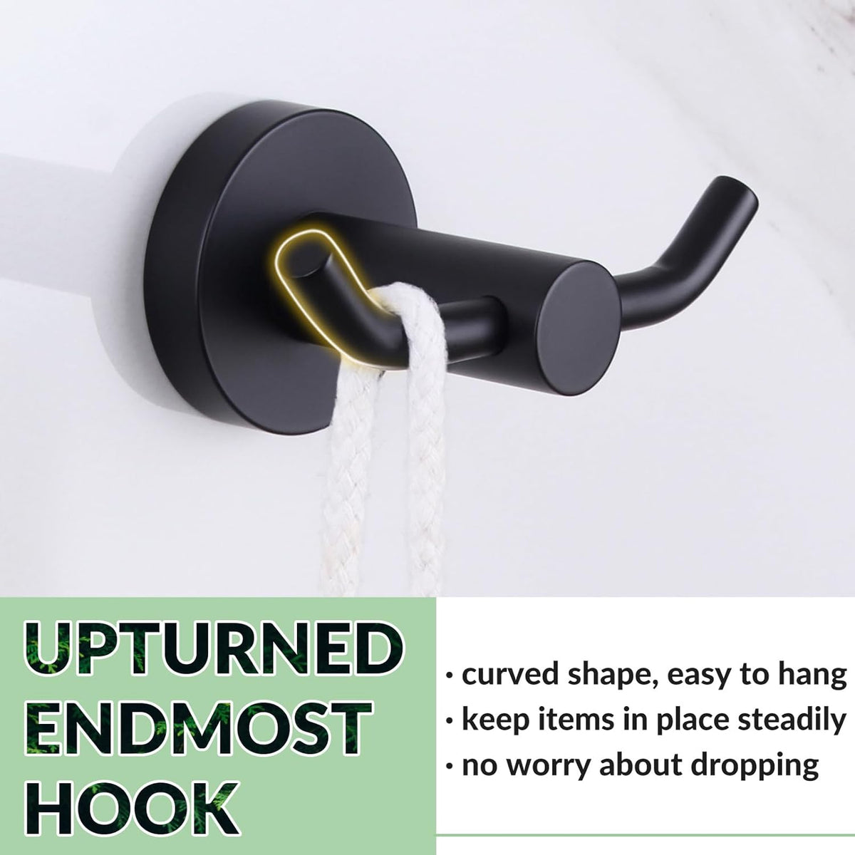 APLusee Double Bath Towel Hook, Premium Stainless Steel Coat Holder, Modern Bathroom Kitchen Storage Hanger Wall Mounted, Matte Black