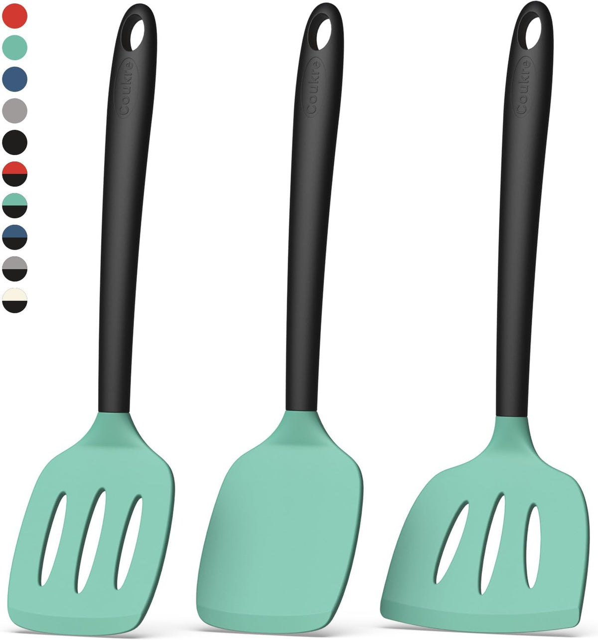 Coukre Silicone Spatula Set of 3, High Heat Resistant, BPA-Free, Kitchen Utensils, Fish Spatula, Solid & Slotted Turner for Non-Stick Pans, Flipping Eggs, Pancakes, Fish, Burgers (3, AquaGreen)