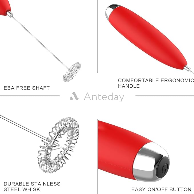 Electric Milk Frother Handheld For Coffee, Upgraded Motor Electric Whisk Durable Low Noise Mini Drink Mixer Portable Foam Maker For Cold Milk Bulletproof Coffee Latte Cappuccino Matcha in Kitchen, Red