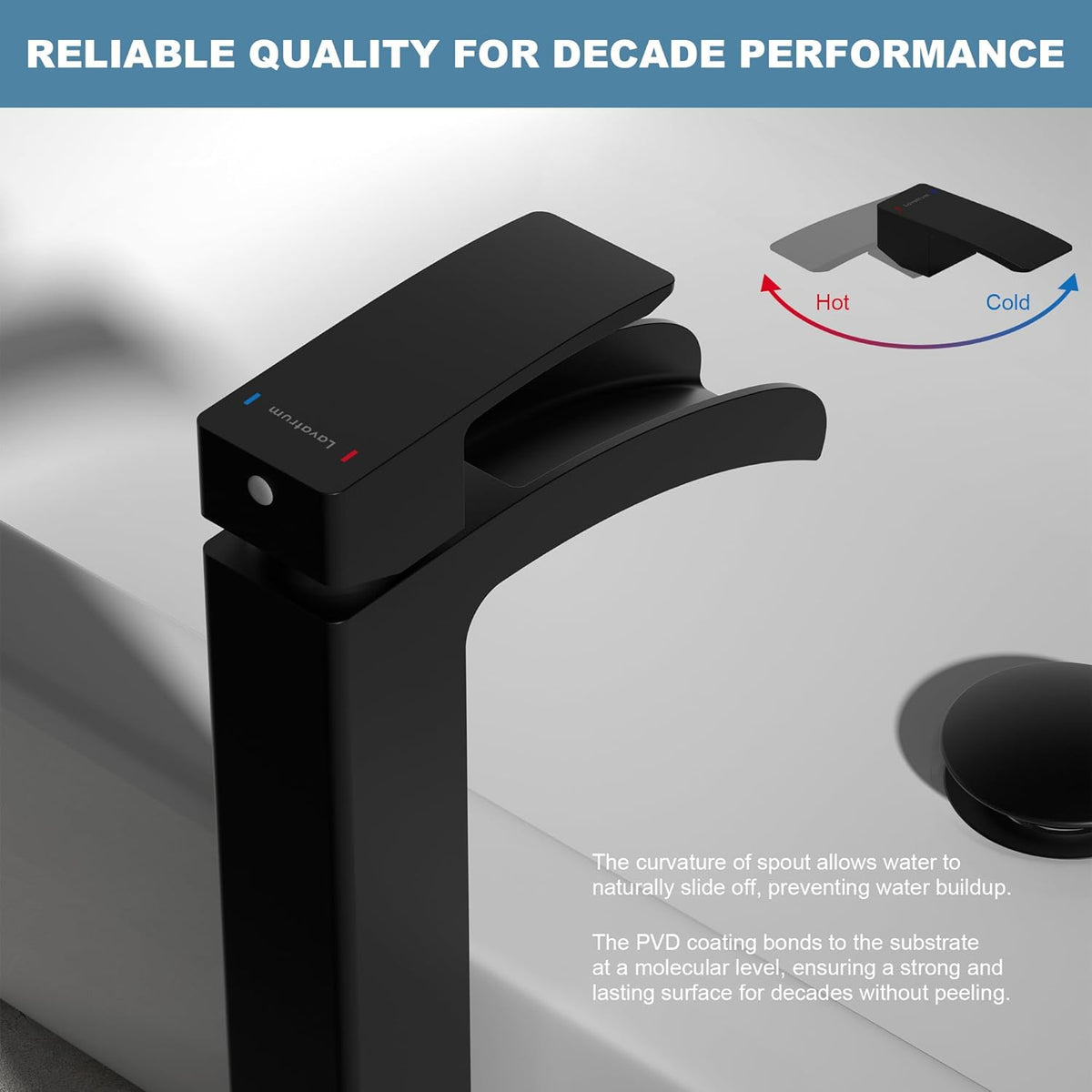 Bathroom Faucet Tall Vessel Faucet Matte Black Waterfall Deck Mount Single Handle Lavatory with Water Supply Line Lavatory Vanity