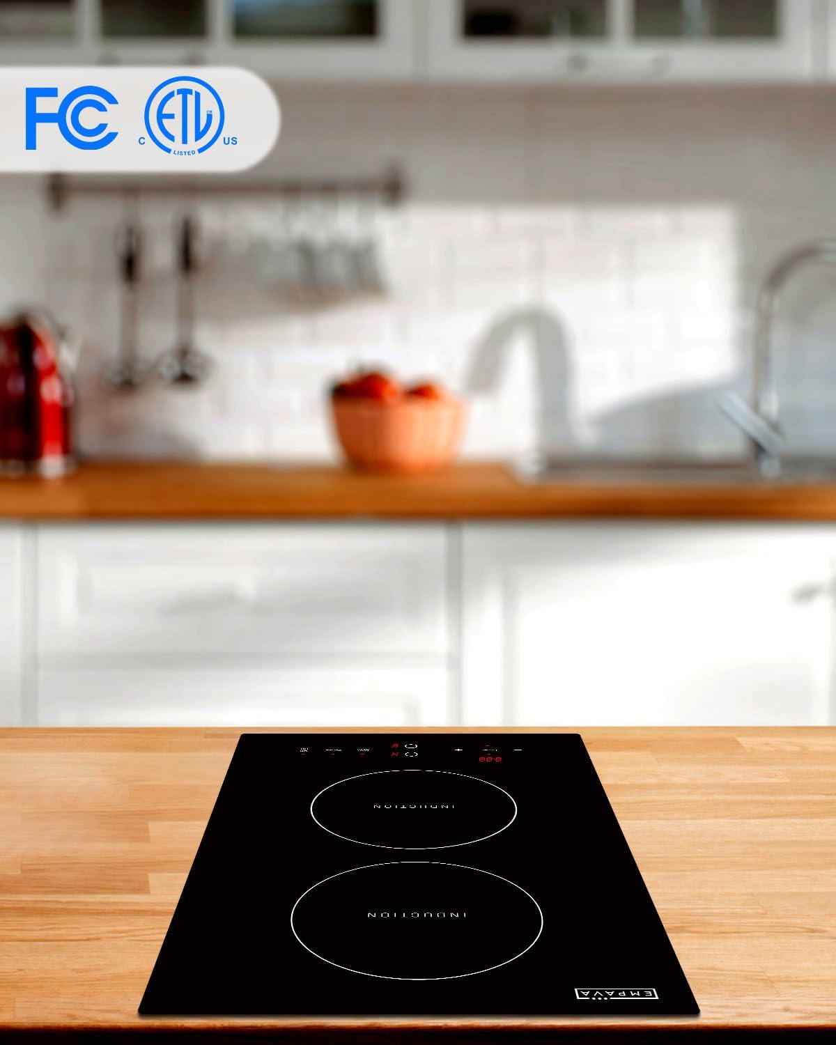Empava Electric Stove Induction Cooktop Vertical with Dual Burners Vitro Smooth Surface 120V, 12 Inch, Black Ceramic Glass