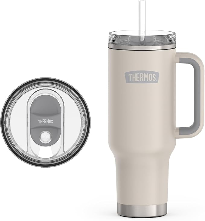 THERMOS Stainless Steel Cup Holder Mug - 40 Ounce, Sandstone - Insulated Tumbler with Lid and Straw, Plus Leak-Resistant Slide Lock