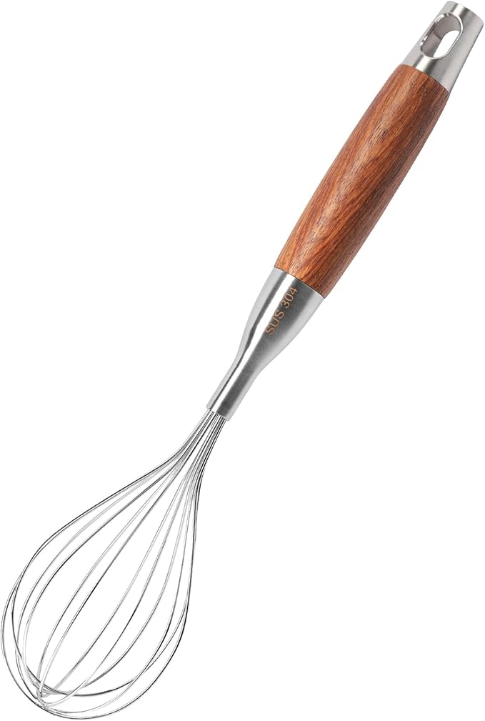 Stainless Steel Whisk for Cooking Wooden Handle Kitchen Non Stick Balloon Wire Metal Baking Whisk Egg Beater for Blending, Whisking Beating Stirring, 12inch (Wooden Handle)