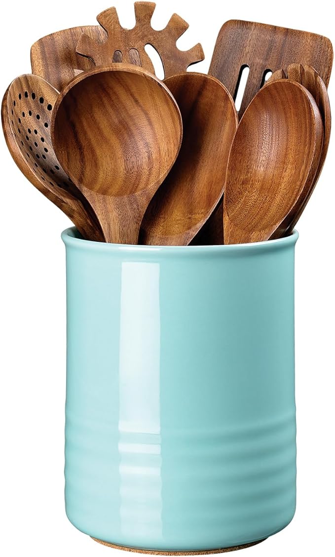 Utensil Holder, 6.7" Ceramic Kitchen Utensil Crock for Countertop Cooking, Modern Utensil Caddy Jar Organizer for Farmhouse Kitchen Counter Décor, Turquoise