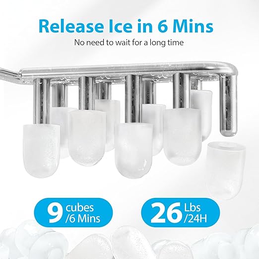 Aeitto Ice Makers Countertop, 9 Ice Cubes Release in 6 Mins, 26Lbs/24H, 2 Sizes of Bullet Ice Machine,Self-Cleaning Portable Ice Maker with Ice Scoop and Basket for Home Kitchen Office RV Bar, Black