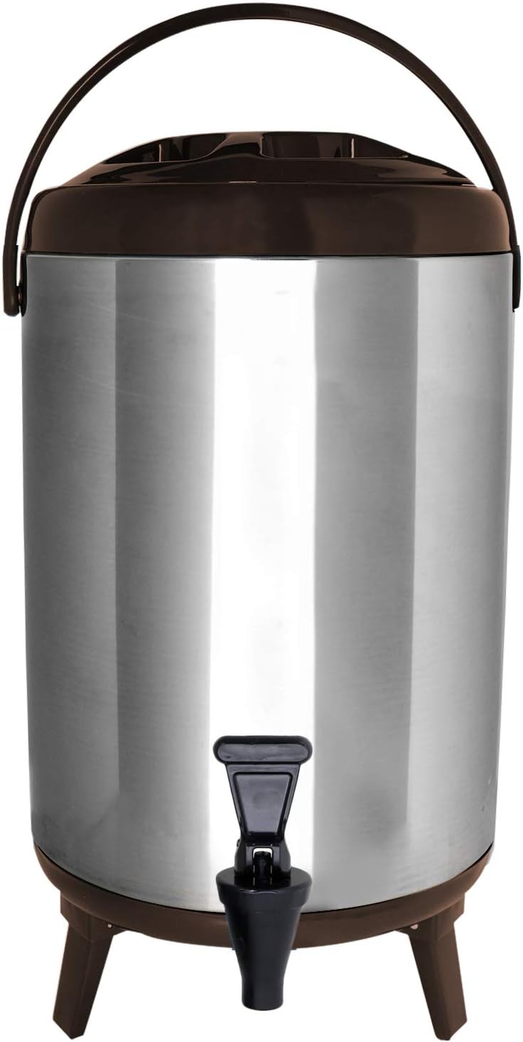 Stainless Steel Insulated Beverage Dispenser – Insulated Thermal Hot and Cold Coffee Carafe – 12 Liter Drink Dispenser with Spigot for Hot Water, Tea & Coffee, Cold Milk, Juice & More BROWN