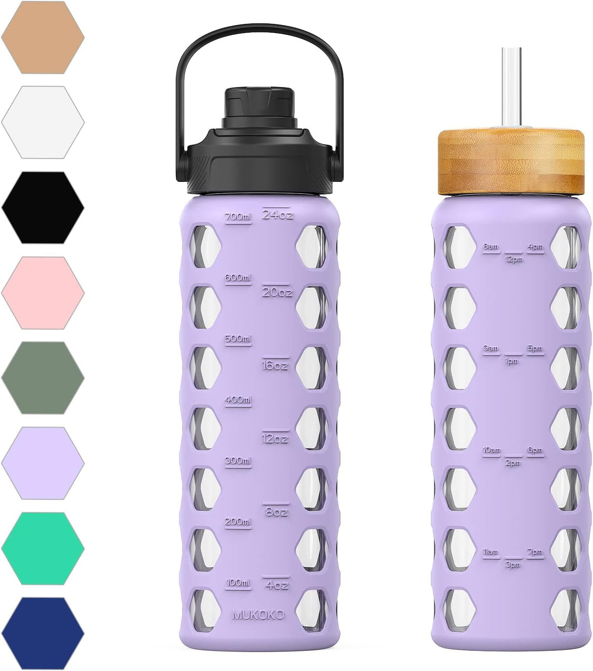 MUKOKO 24oz Glass Water Bottle with 2 Lids-Handle Flip Lid&Bamboo Straw Lid,Motivational Water Tumbler with Time Marker Reminder and Silicone Sleeve, Leakproof-Purple