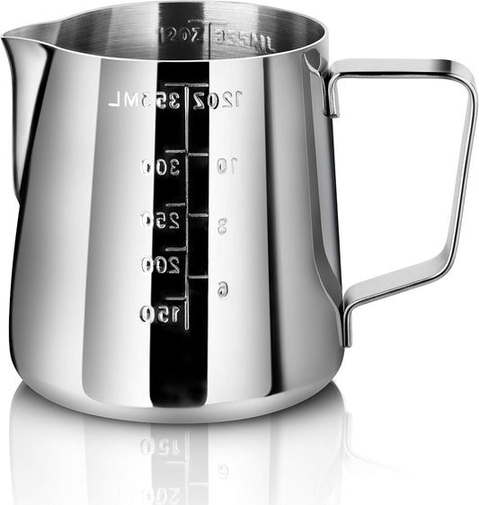 New Star Foodservice 28805 Commercial Grade Stainless Steel 18/8 Frothing Pitcher, 12-Ounce with Measurement Scale
